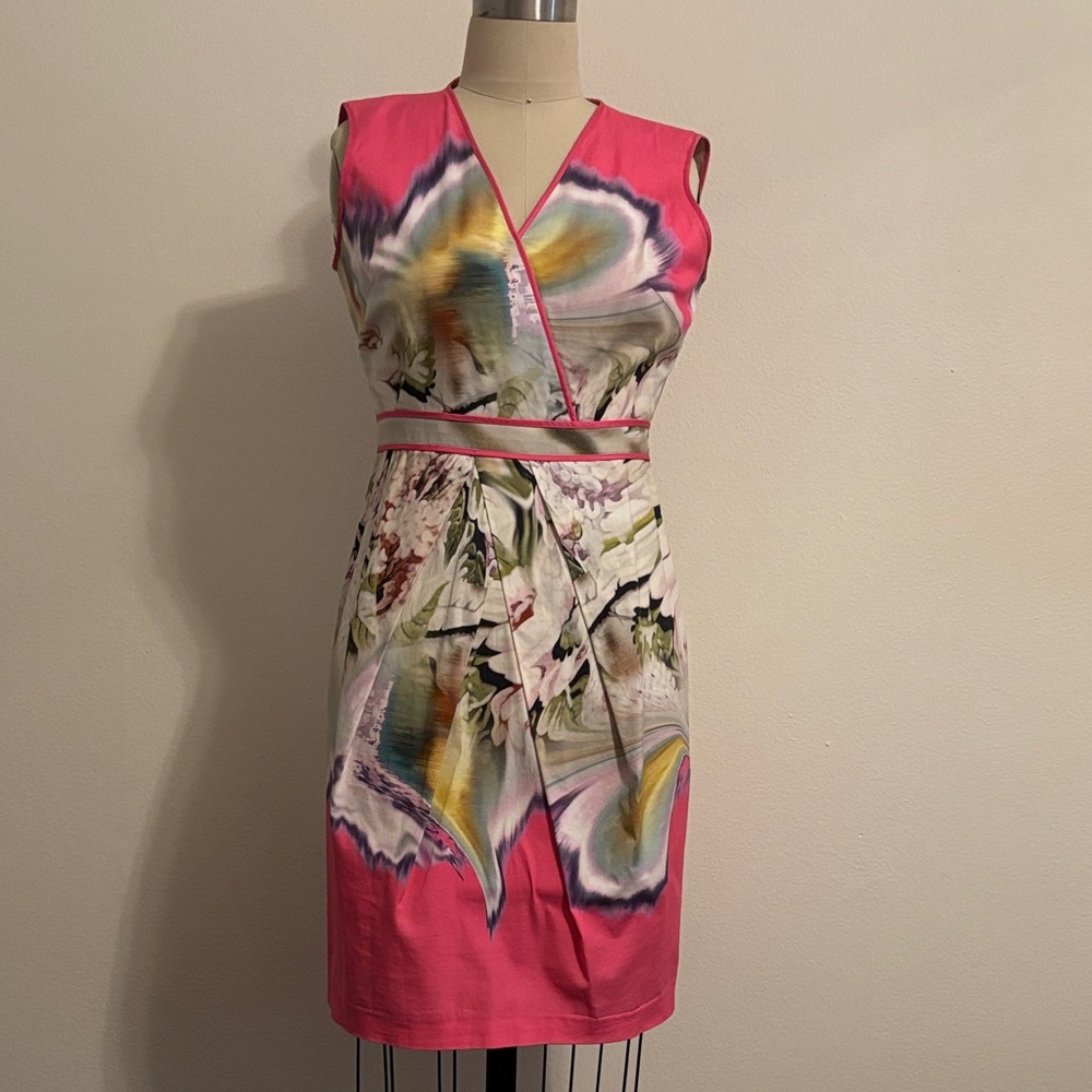 Y2K Vera Wang (brown label) Pink Floral-Print Faux-Wrap Sheath Dress sz S